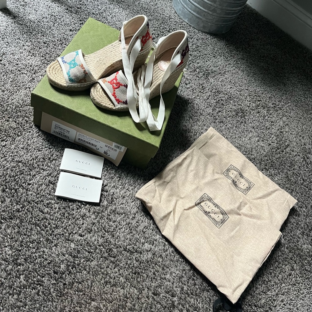 Gucci Multi Colored Lace Up Espadrille Wedge Women’s Size 6/36 Box and Dust Bags - Picture 6 of 7